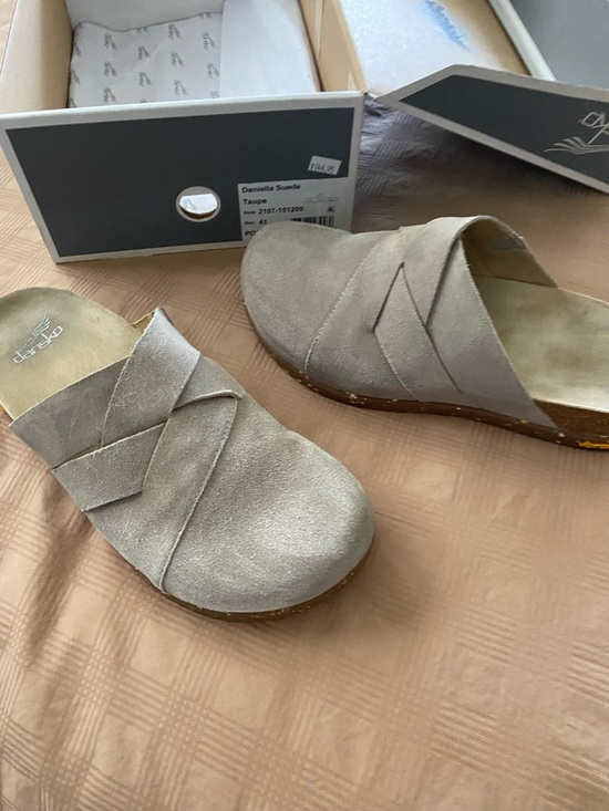 Dansko Taupe Suede Cross-Strap Slip-On Clog - Picture 5 of 6